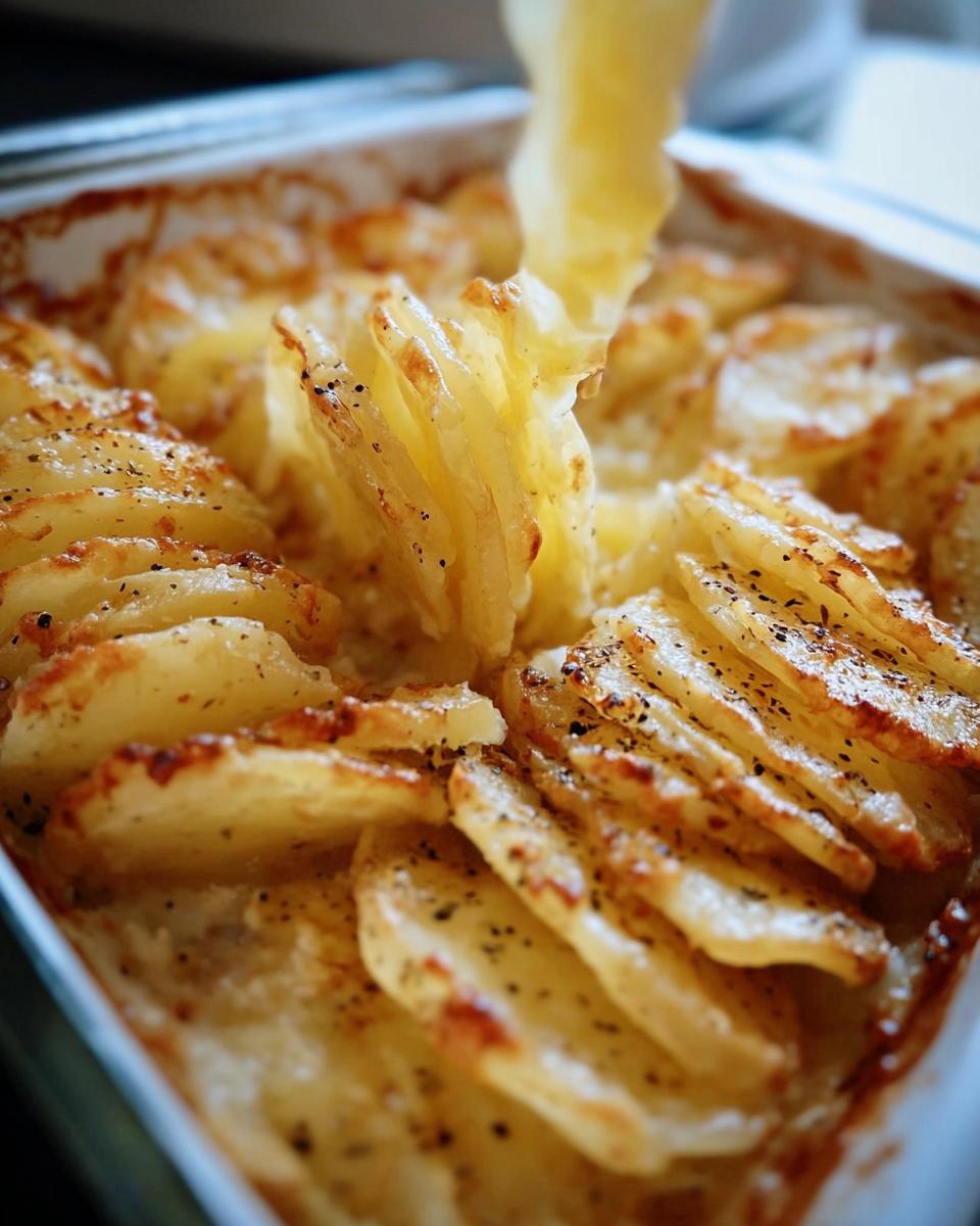 A close-up of baked Cheesy Scalloped Potatoes showing layered, tender potato slices with browned edges and black pepper.