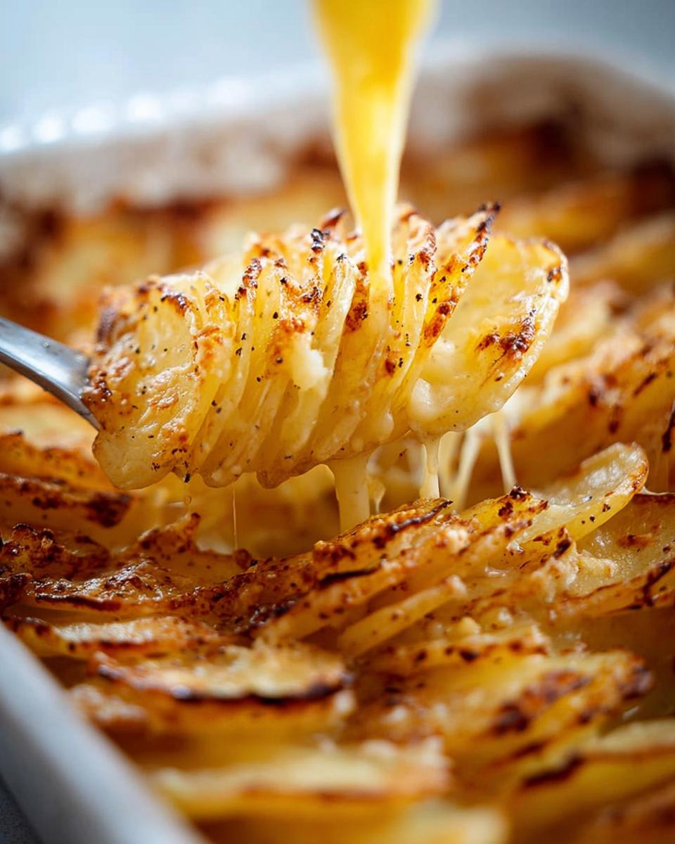 A fork lifts layered, baked Cheesy Scalloped Potatoes while a stream of melted cheese is poured over the top.