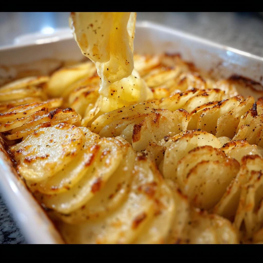 A serving spoon lifts a cheesy, stringy slice from a baking dish of golden Cheesy Scalloped Potatoes.