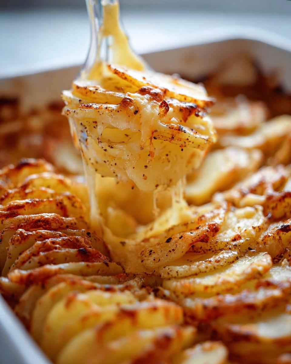 A serving spoon lifts a portion of Cheesy Scalloped Potatoes, showing a dramatic, gooey cheese pull.