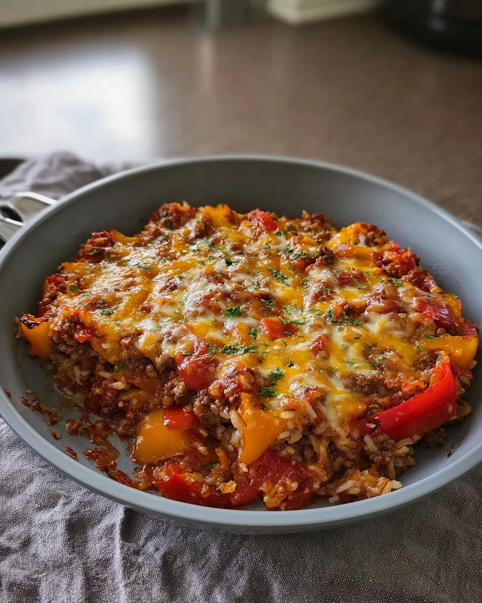 A close-up of a freshly baked Stuffed Pepper Casserole topped with melted cheddar and mozzarella cheese.