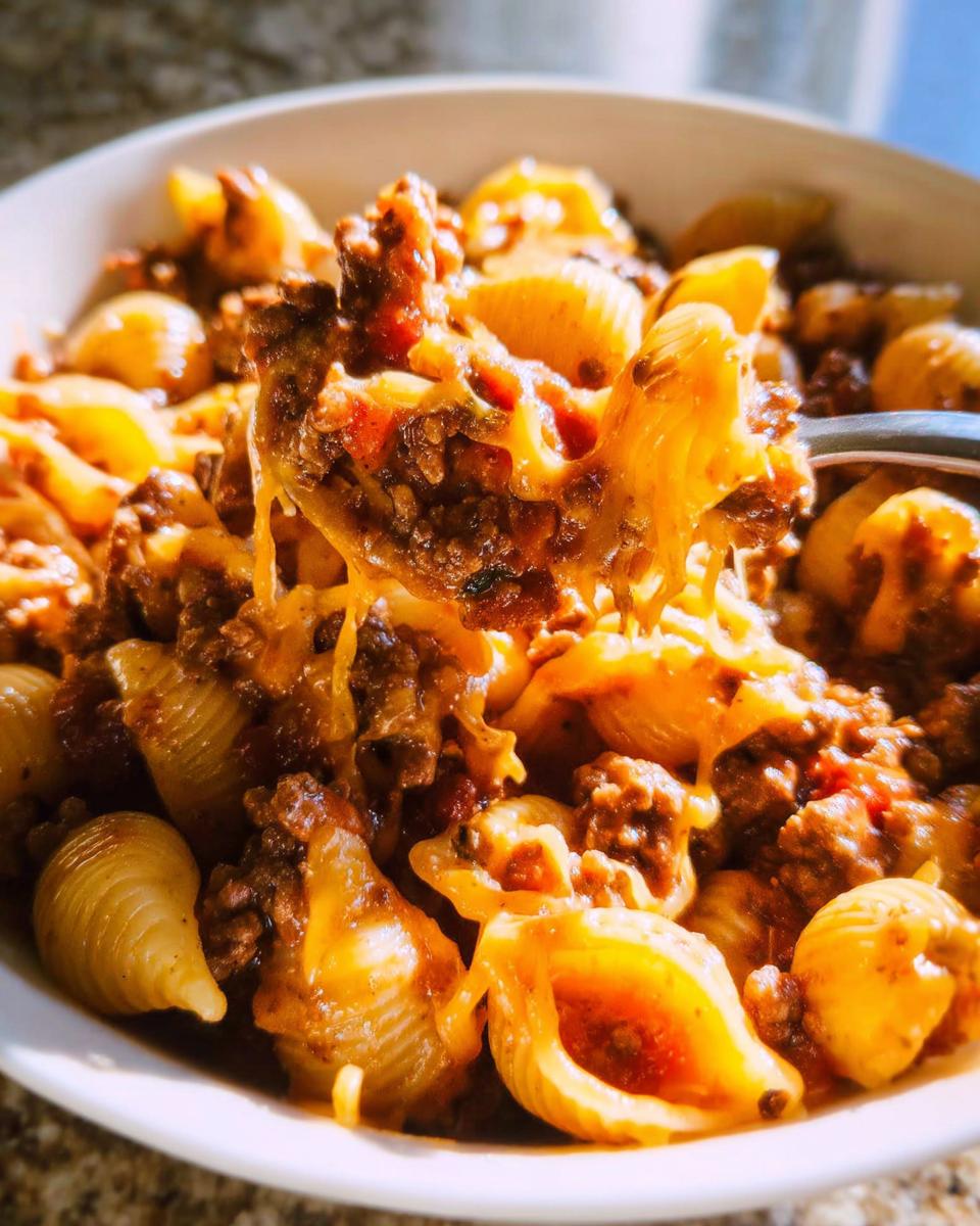 Close-up of Cheesy Taco Pasta featuring shell pasta coated in seasoned ground beef sauce and melted, stretchy cheese.
