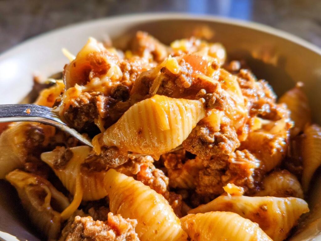A fork lifting a bite of creamy Cheesy Taco Pasta mixed with ground beef and melted cheese.