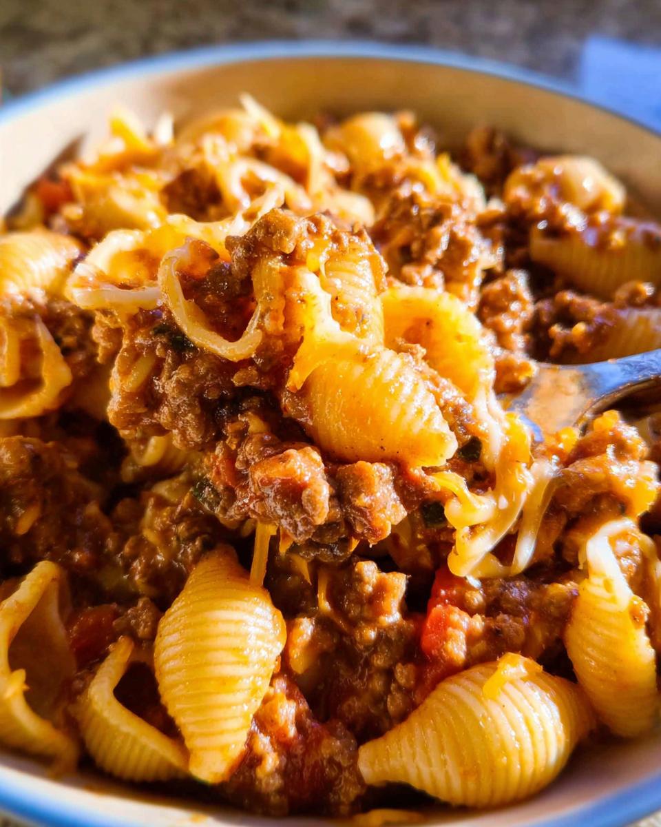 A close-up shot showing shell pasta mixed with seasoned ground beef sauce and melted cheese in a bowl of Cheesy Taco Pasta.