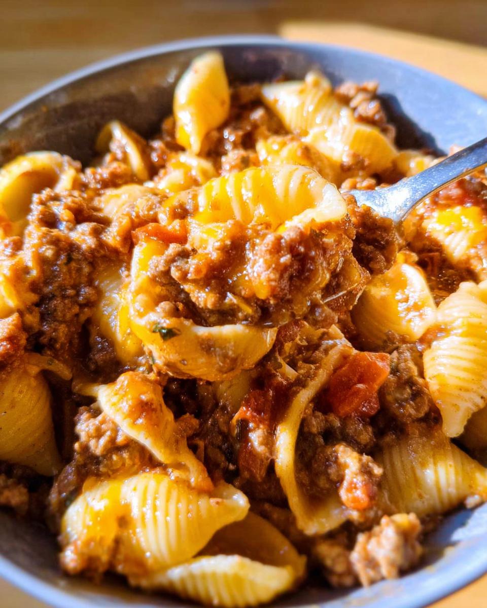 Close-up of a spoonful of Cheesy Taco Pasta featuring shell pasta coated in a rich, meaty, cheesy sauce.