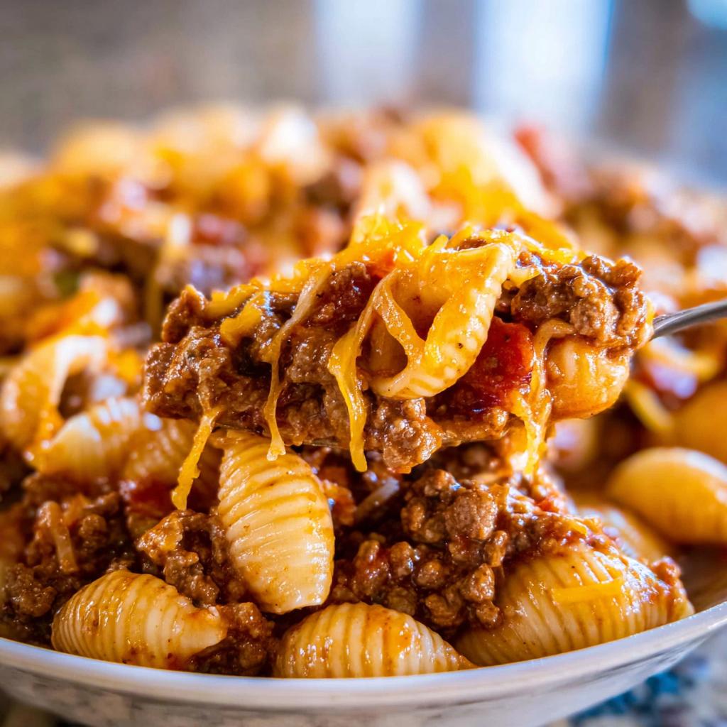 A spoonful of cheesy taco pasta showing ground beef, shell pasta, and melted cheese stretching.