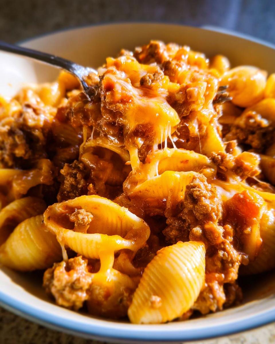 Close-up of Cheesy Taco Pasta featuring shell pasta, ground meat, and extremely stretchy melted cheddar cheese being lifted by a fork.