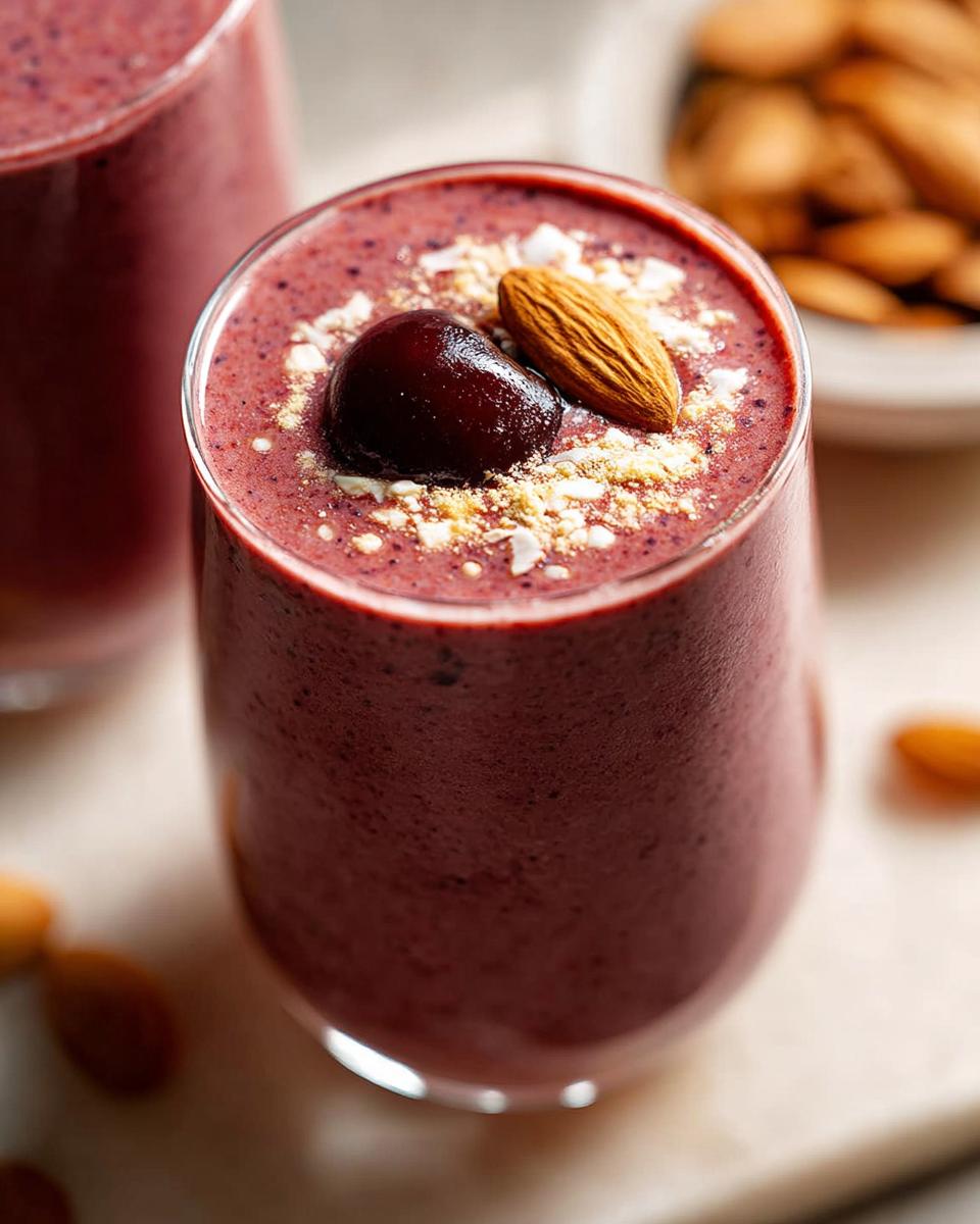 Close-up of a rich, dark red Cherry Almond Smoothie topped with a fresh cherry, an almond, and coconut flakes.