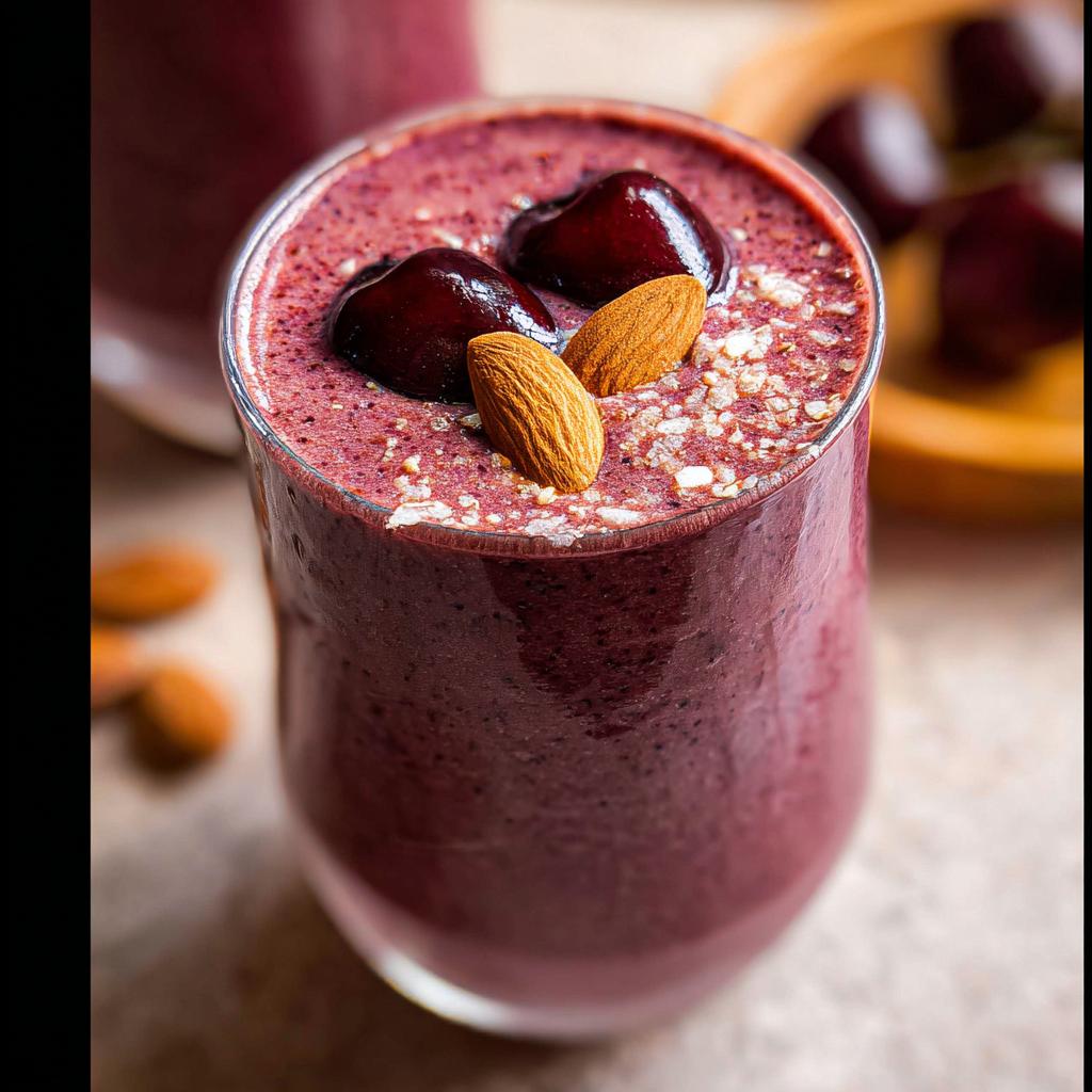 Close-up of a vibrant purple Cherry Almond Smoothie topped with fresh cherries and whole almonds.