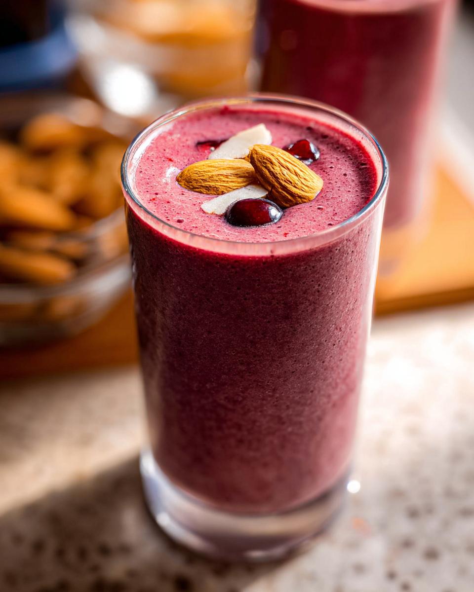 Close-up of a vibrant Cherry Almond Smoothie topped with whole almonds and fresh cherries.