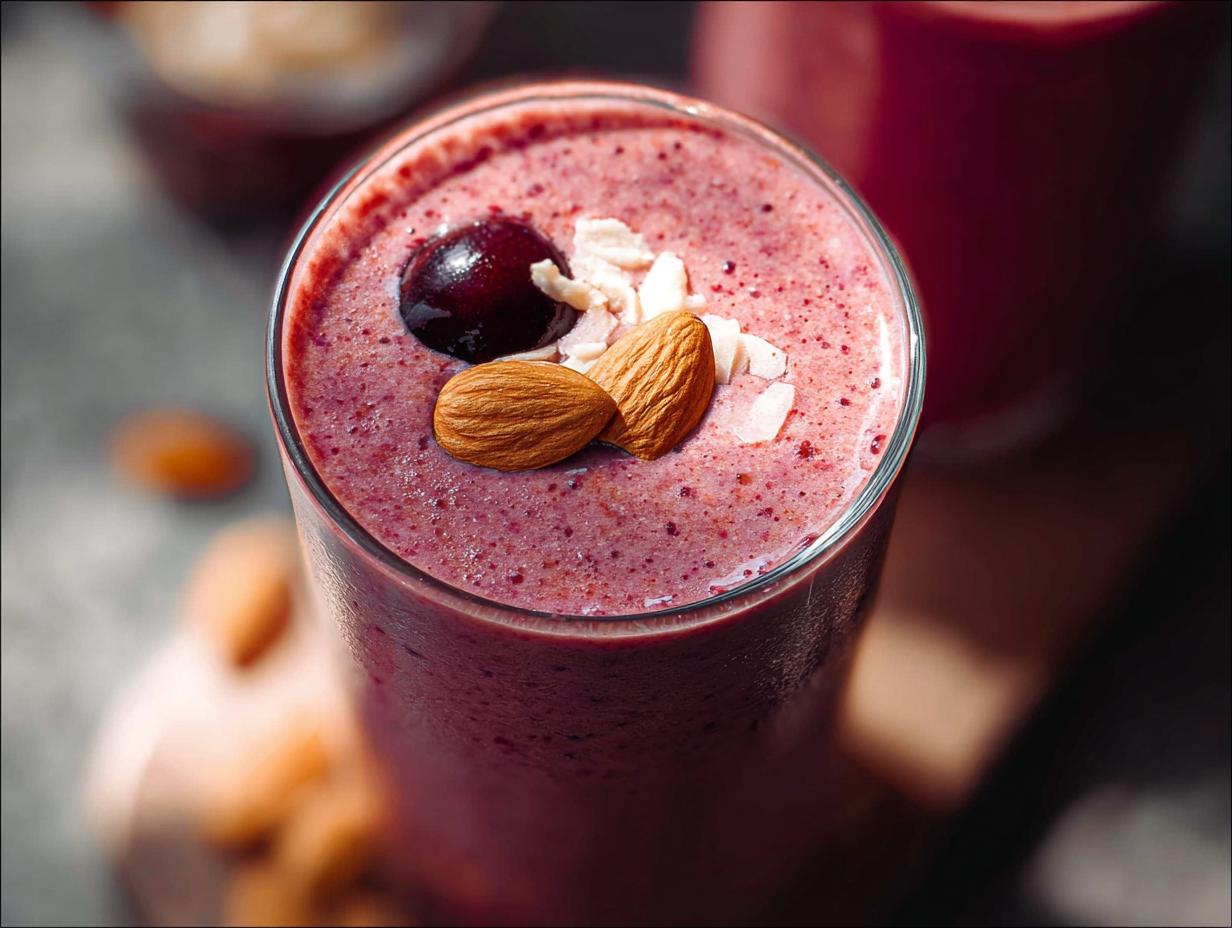 Top-down view of a vibrant Cherry Almond Smoothie garnished with a whole cherry, almonds, and coconut flakes.