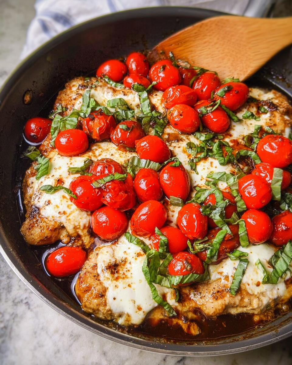 Close-up of Chicken Caprese Skillet with melted mozzarella, cherry tomatoes, and fresh basil.