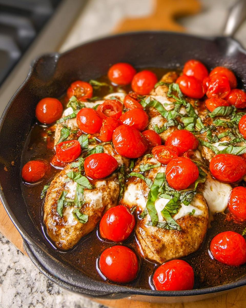 Close-up of Chicken Caprese Skillet with melted mozzarella, cherry tomatoes, and basil in a cast iron pan.