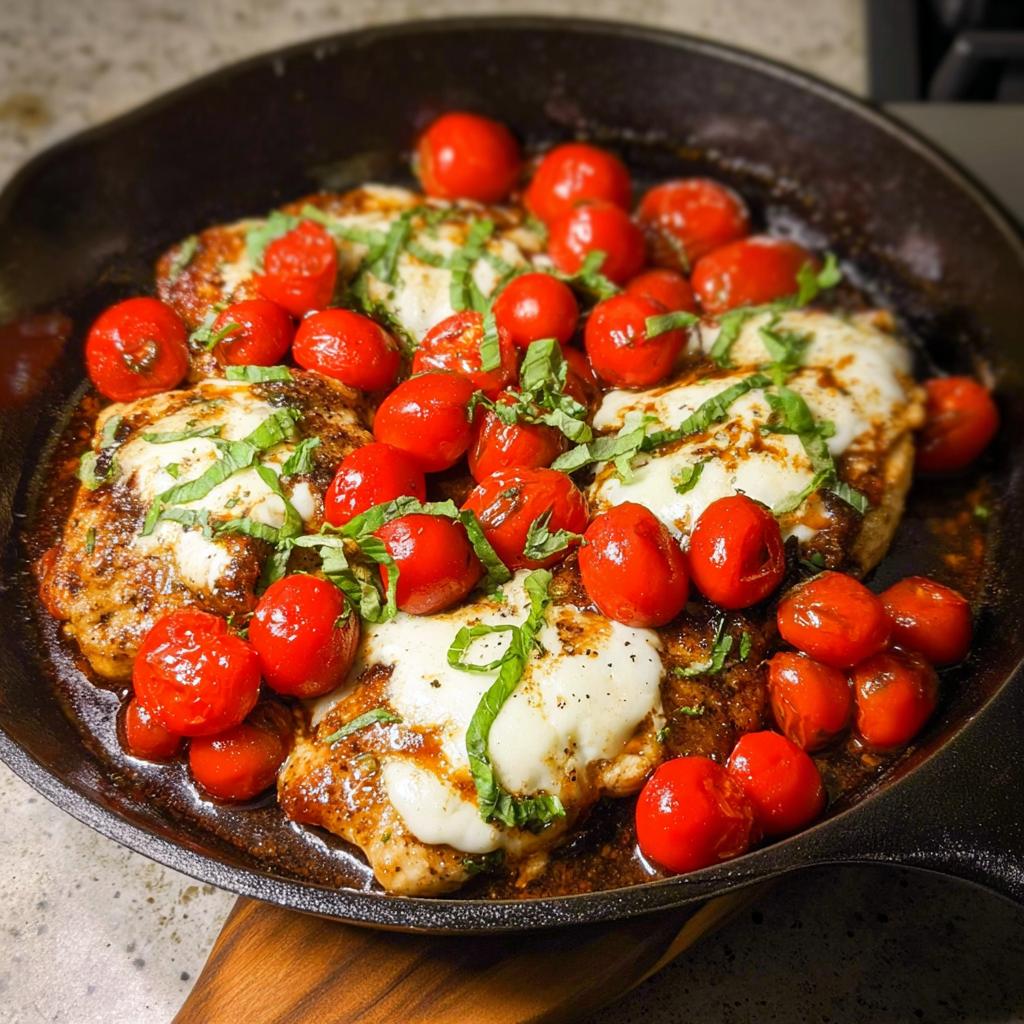 Close-up of Chicken Caprese Skillet with melted mozzarella, cherry tomatoes, and fresh basil.
