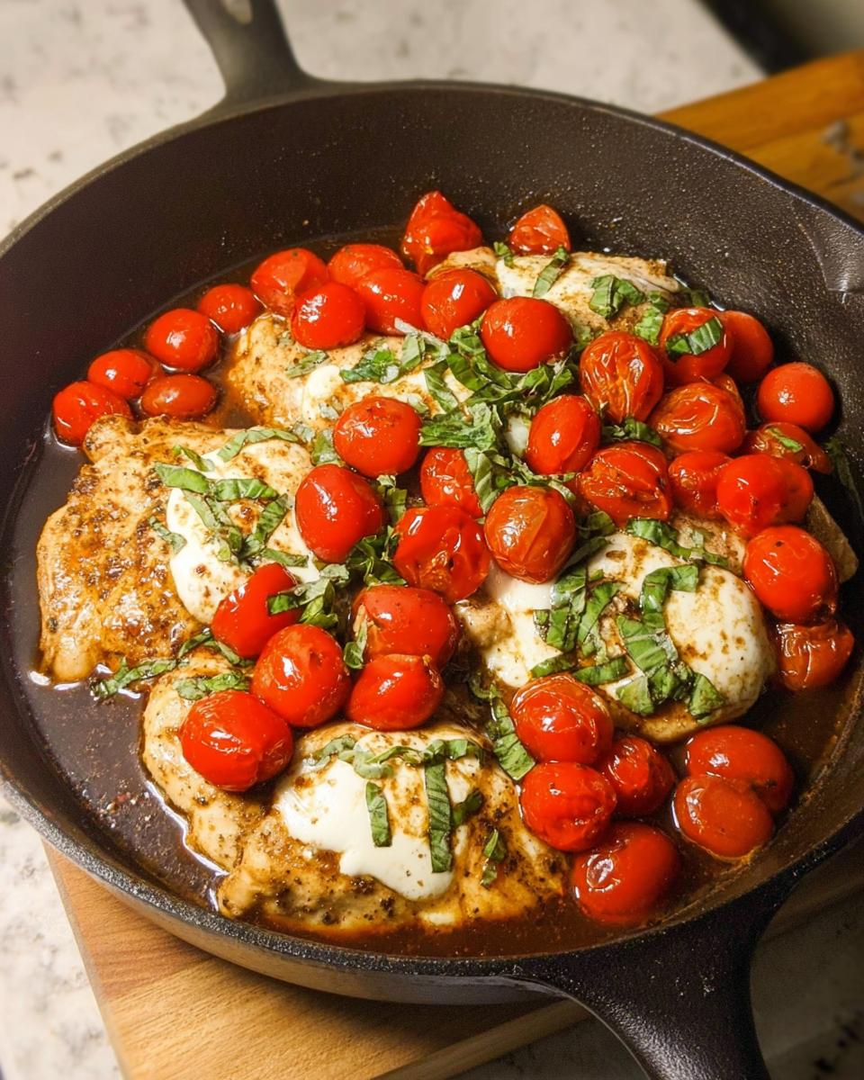 Close-up of Chicken Caprese Skillet with juicy cherry tomatoes, melted mozzarella, and fresh basil in a cast iron pan.