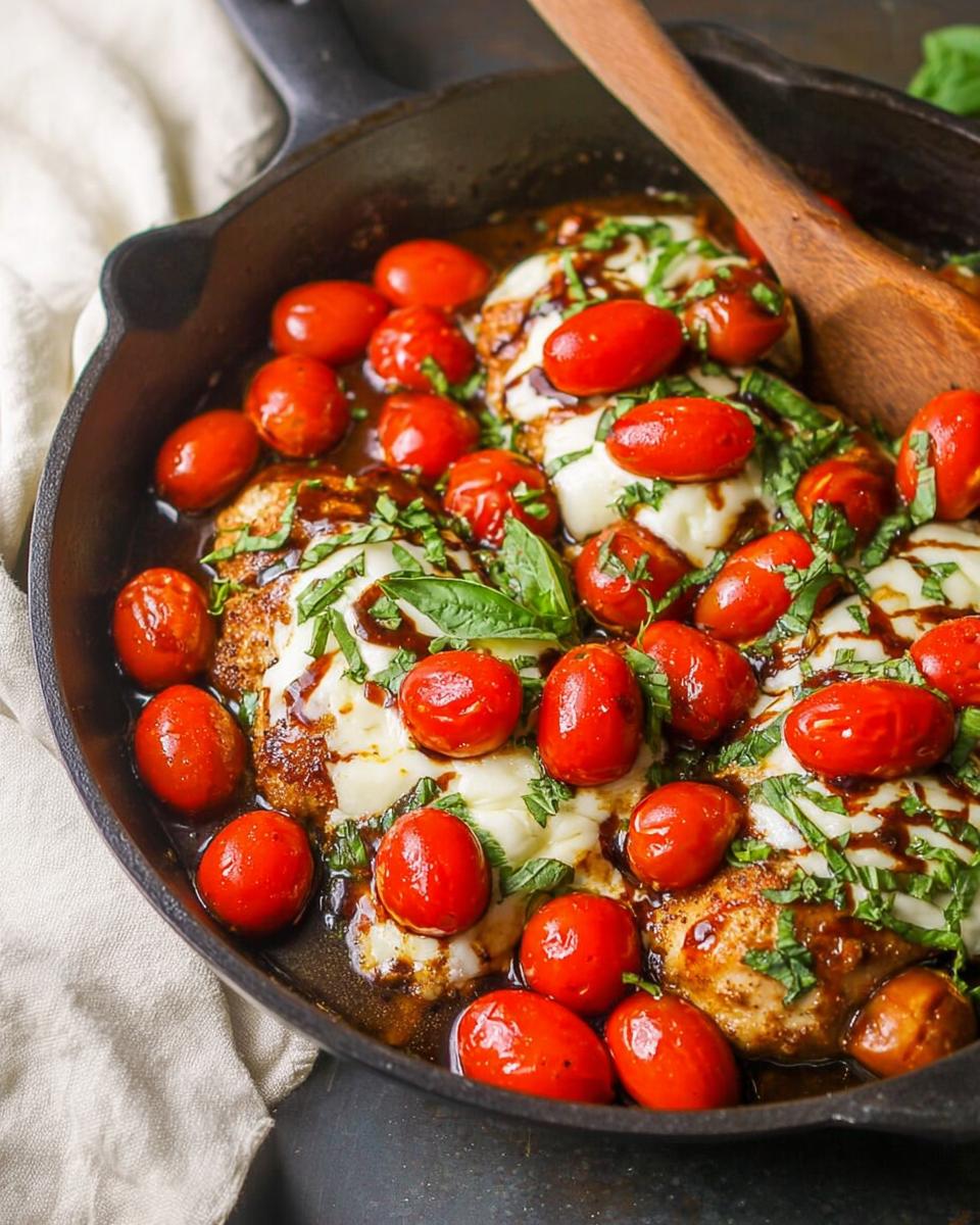 Close-up of Chicken Caprese Skillet with melted mozzarella, cherry tomatoes, basil, and balsamic glaze.