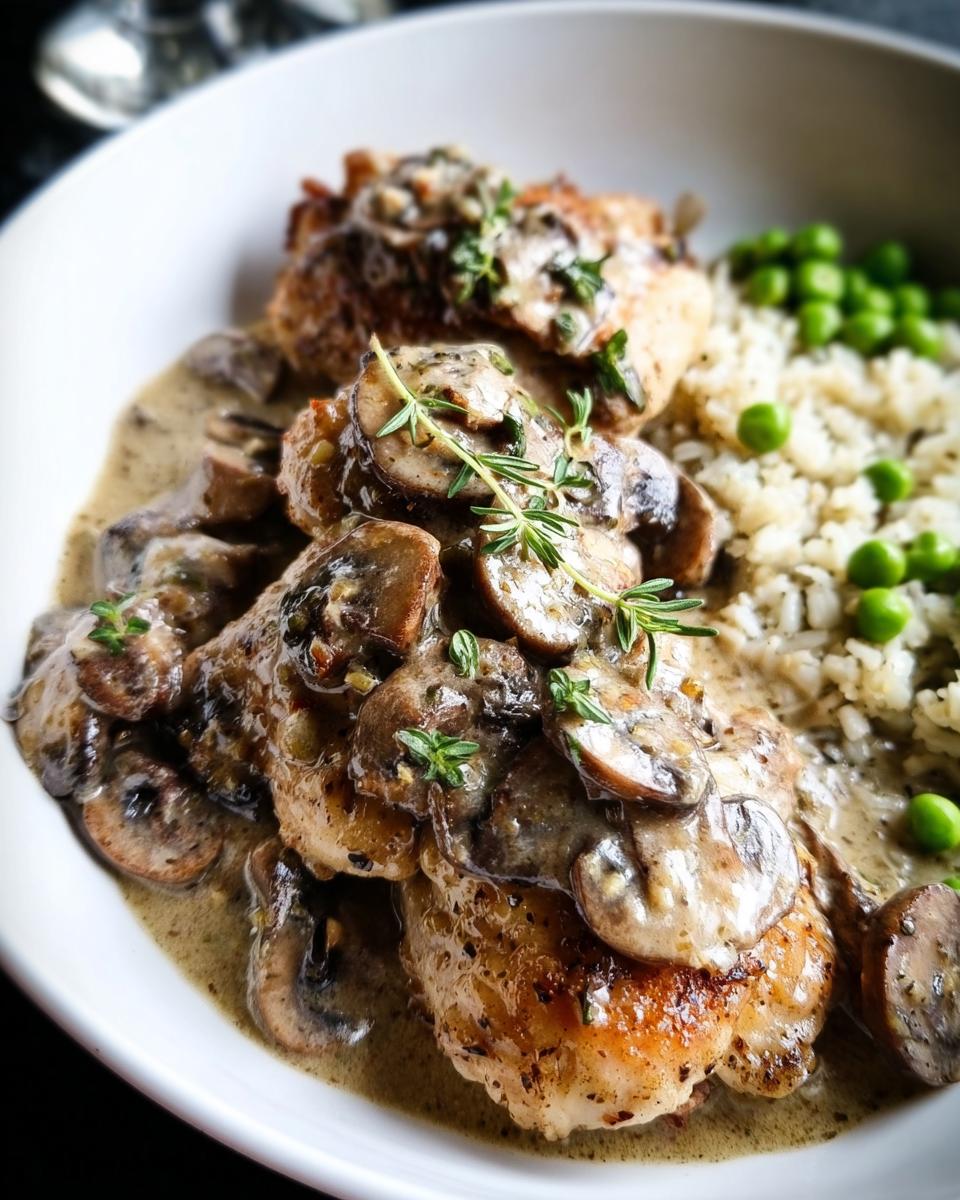 A close-up of chicken fricassee with creamy mushroom sauce, served with rice and peas. A foolproof dinner idea.