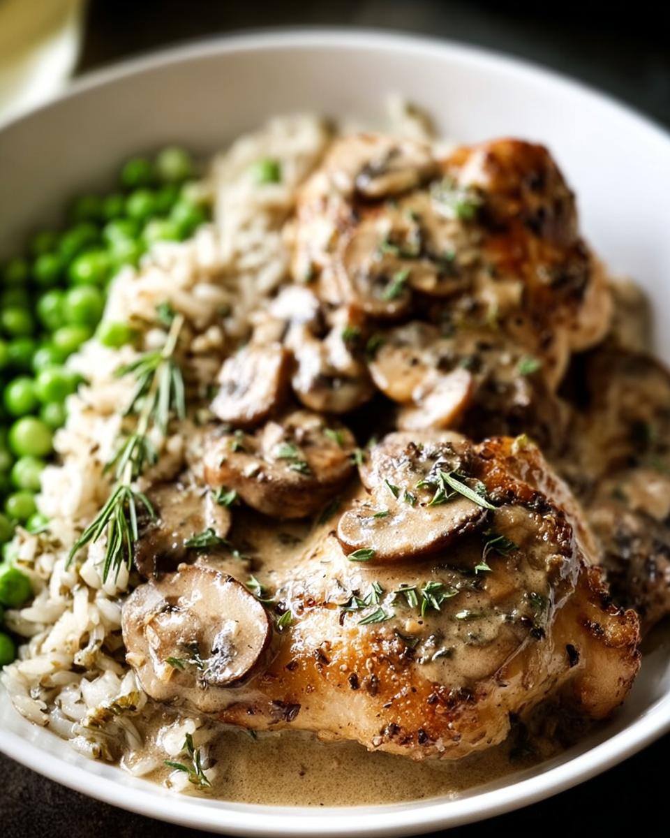 A bowl of creamy chicken fricassee with mushrooms, served over rice and with a side of peas. A foolproof dinner idea.