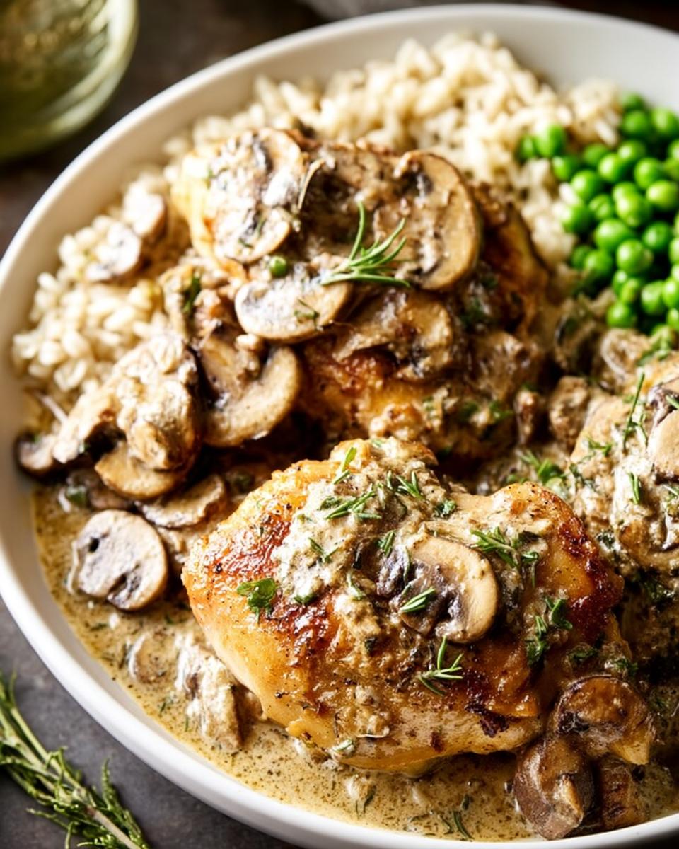 Close-up of creamy chicken fricassee with mushrooms, served with rice and peas. A foolproof dinner idea.