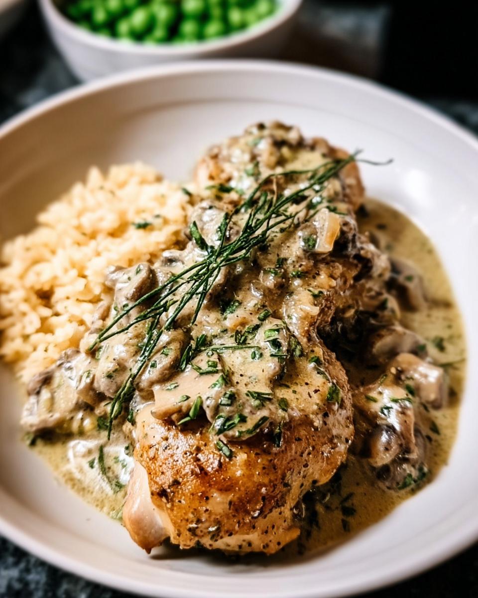 A close-up of chicken fricassee with creamy mushroom sauce, served with rice and garnished with herbs. A foolproof dinner idea.