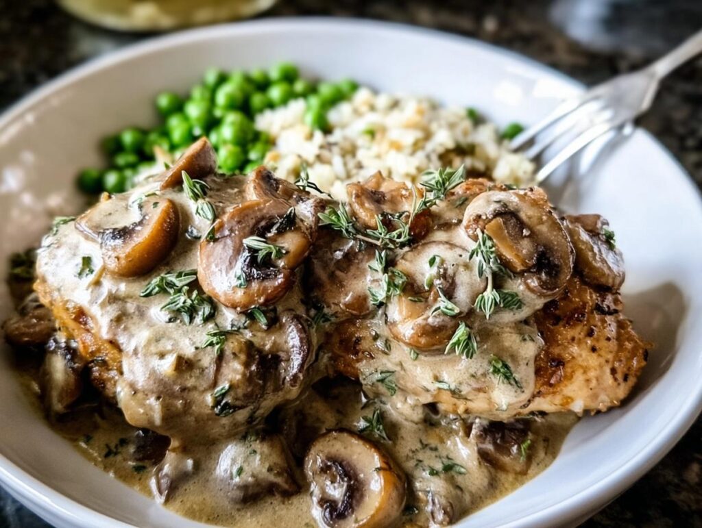 A close-up of a creamy chicken fricassee with mushrooms and herbs, served with rice and peas.