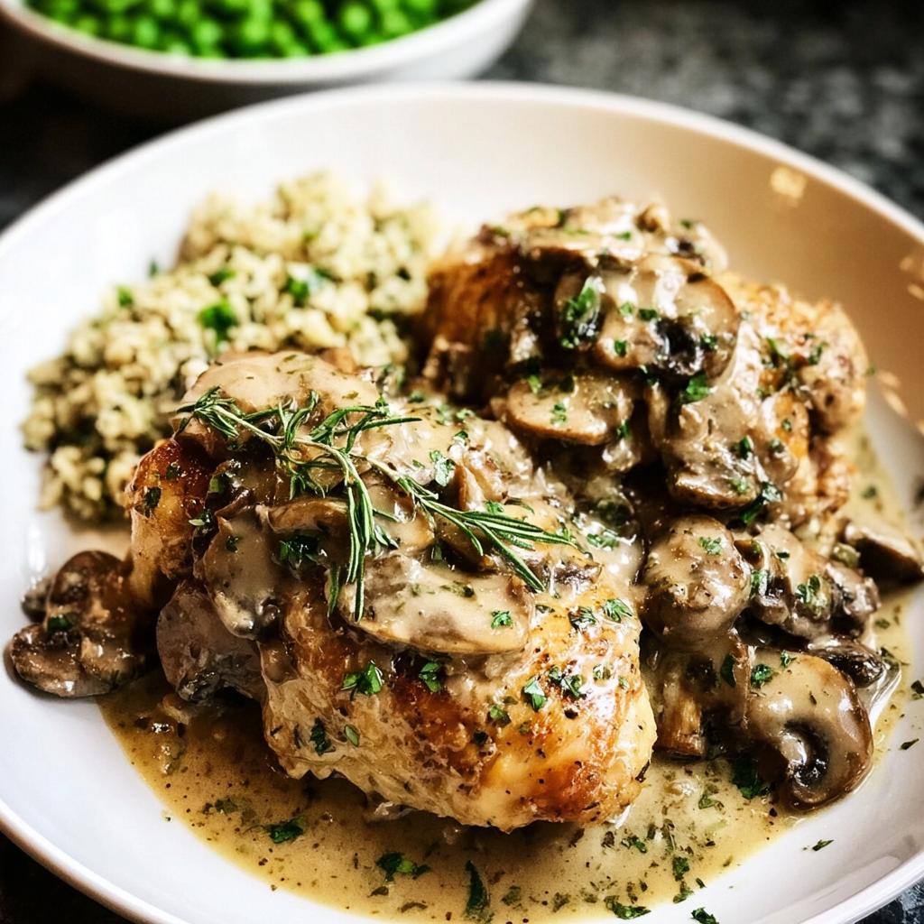 A plate of 50-Minute Chicken Fricassee with creamy mushroom sauce, served with rice and a side of peas.