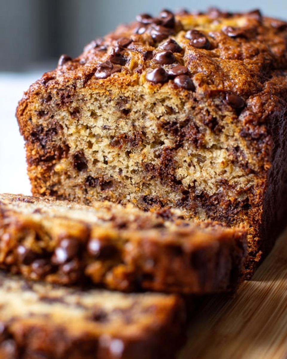 Close-up of a freshly baked Chocolate Chip Banana Bread loaf with two slices cut and resting in front.