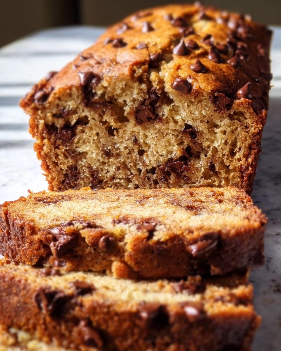 Close-up of a freshly baked Chocolate Chip Banana Bread loaf with several thick slices cut in front.