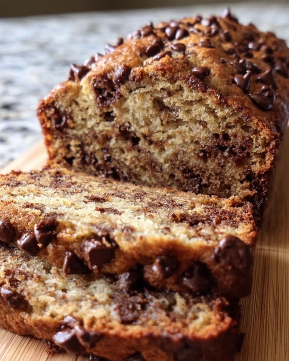 A close-up of sliced Chocolate Chip Banana Bread showing a moist interior and melted chocolate chips throughout.