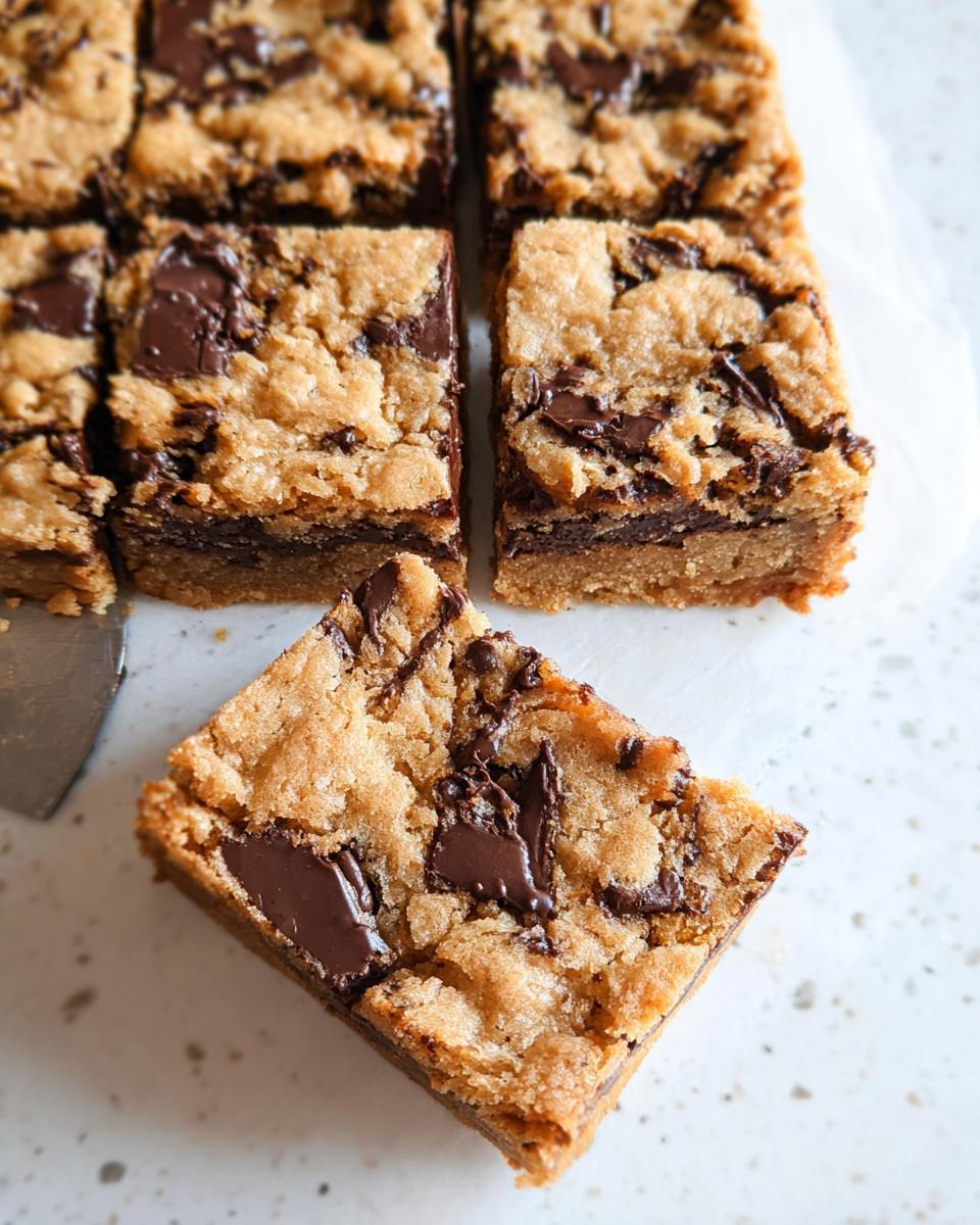 Close-up of freshly cut chocolate chip cookie bar slices, perfect for serving a crowd.