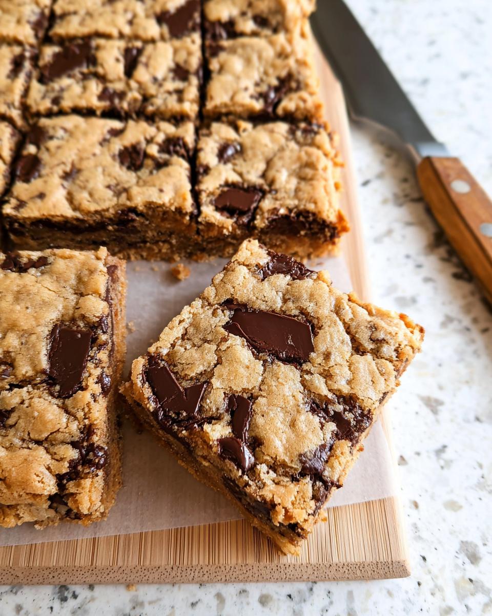 Close-up of thick, chewy chocolate chip bar cookies for a crowd, cut into squares on a wooden board.
