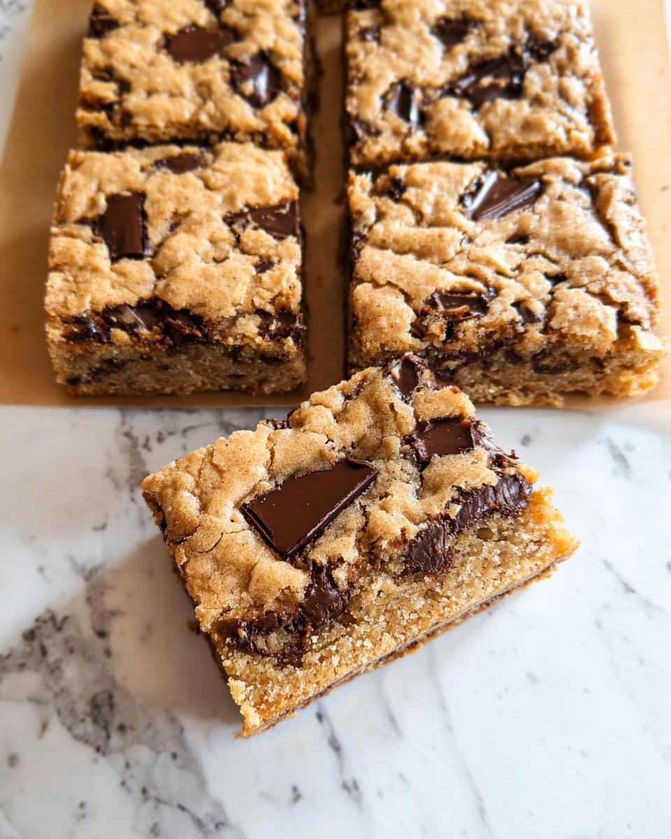 A close-up of a rich, chewy chocolate chip bar cookie with large chunks of melted chocolate, perfect for serving as Bar Cookies for a Crowd.