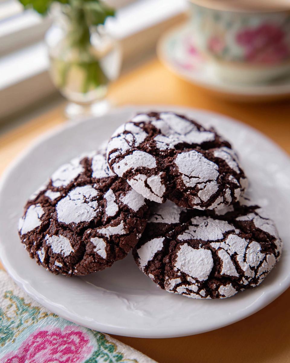Three rich, dark Chocolate Crinkle Cookies dusted heavily with powdered sugar on a white plate.
