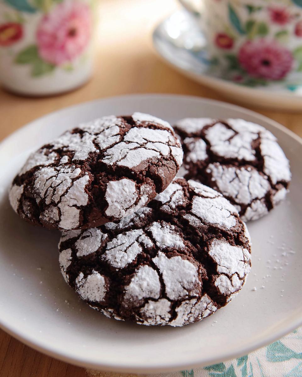 Three rich, dark Chocolate Crinkle Cookies dusted heavily with powdered sugar, served on a white plate.