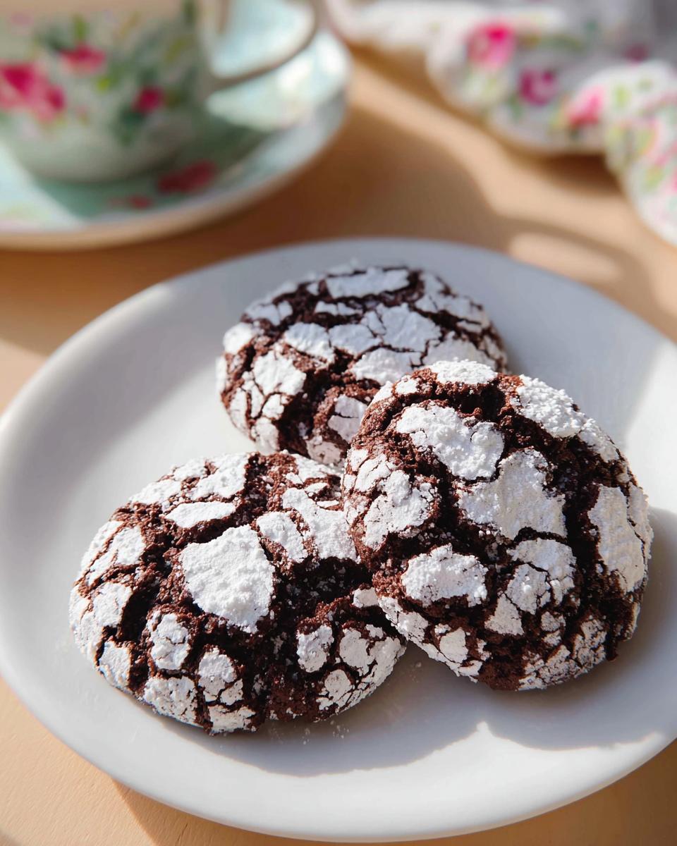 Three rich, dark Chocolate Crinkle Cookies heavily dusted with powdered sugar on a white plate.