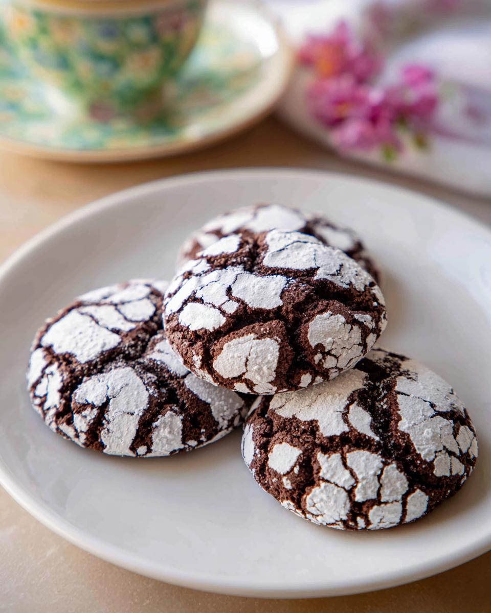 Three rich, dark Chocolate Crinkle Cookies generously coated in white powdered sugar, resting on a white plate.