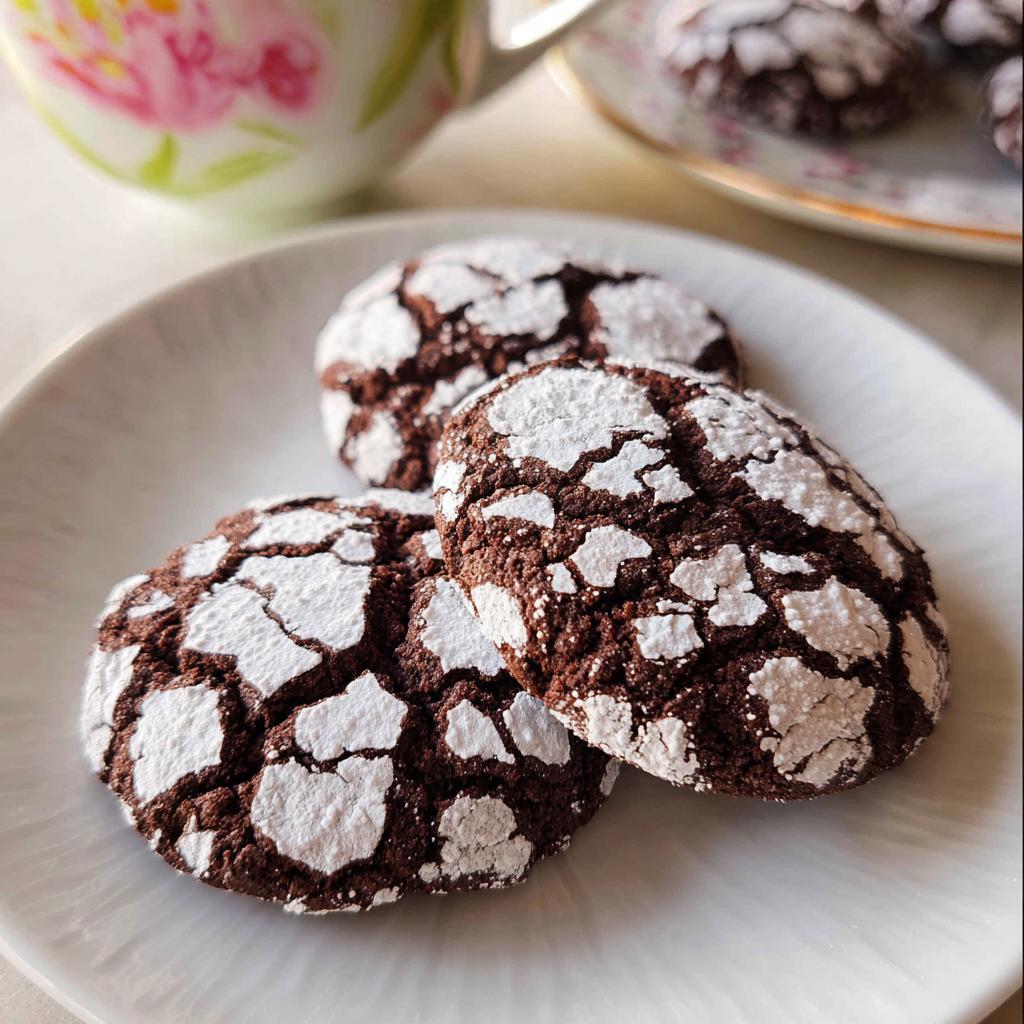 Three rich, dark Chocolate Crinkle Cookies dusted heavily with white powdered sugar, served on a white plate.