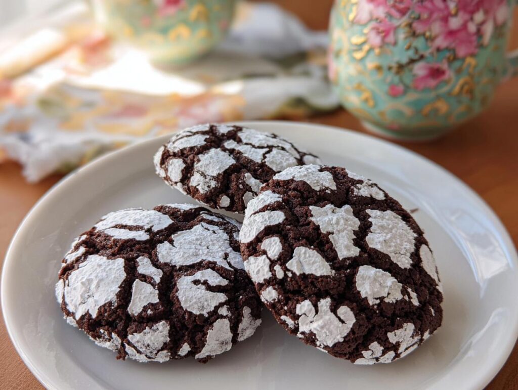 Three rich, dark Chocolate Crinkle Cookies heavily dusted with powdered sugar resting on a white plate.
