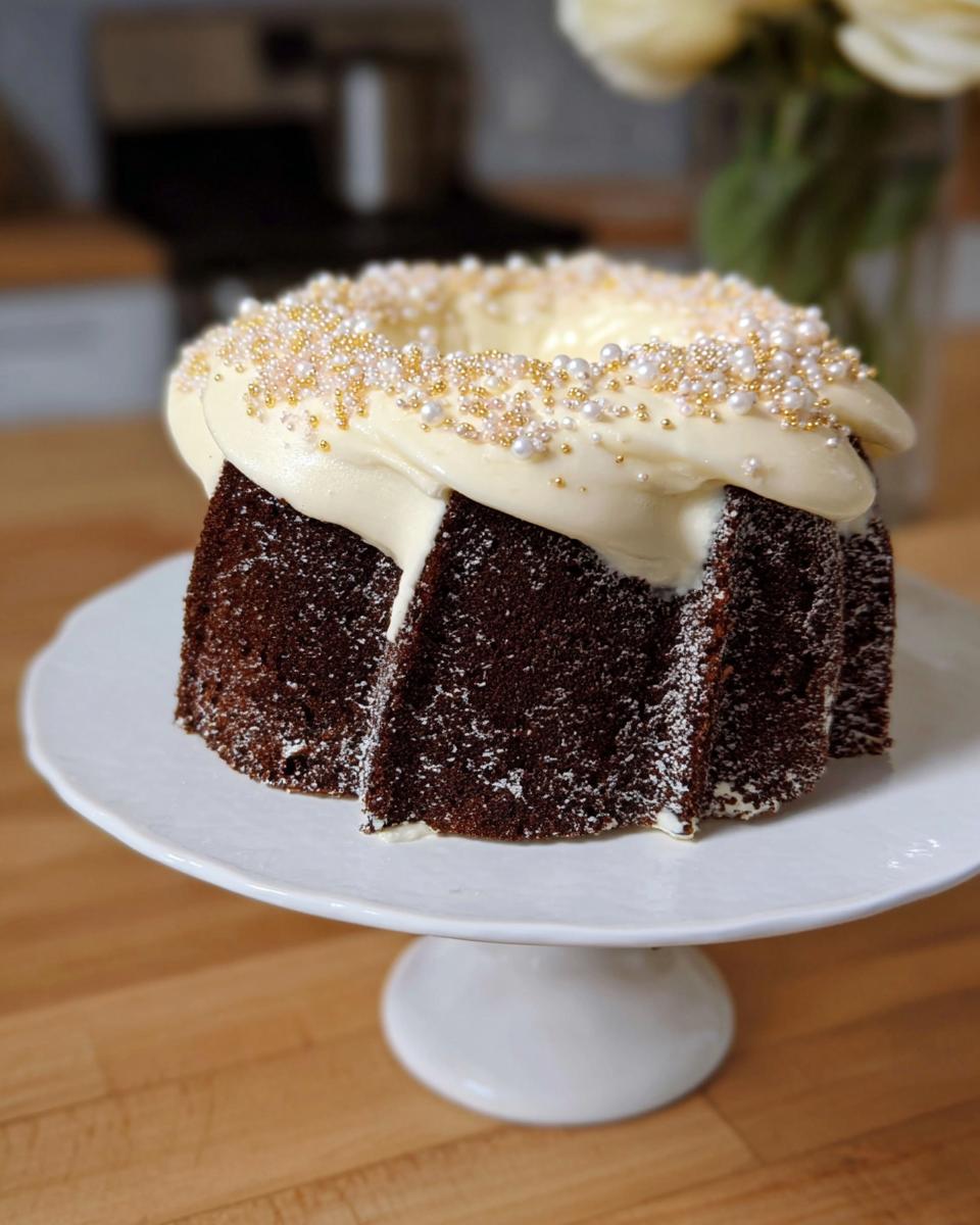 A dark chocolate Gold-Dusted Bundt Cake topped with thick white frosting and gold and white sprinkles.