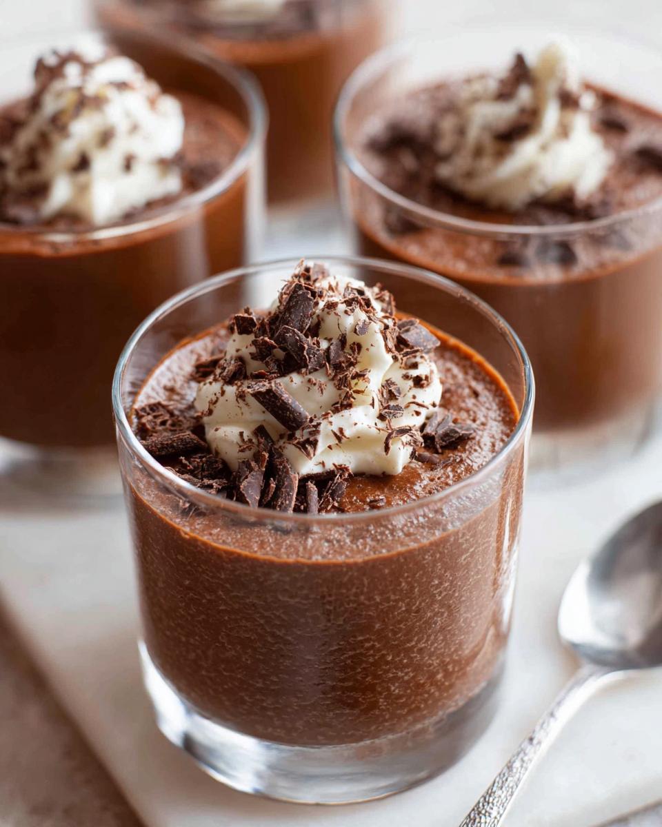 Close-up of individual Chocolate Mousse in a glass topped with whipped cream and chocolate shavings.