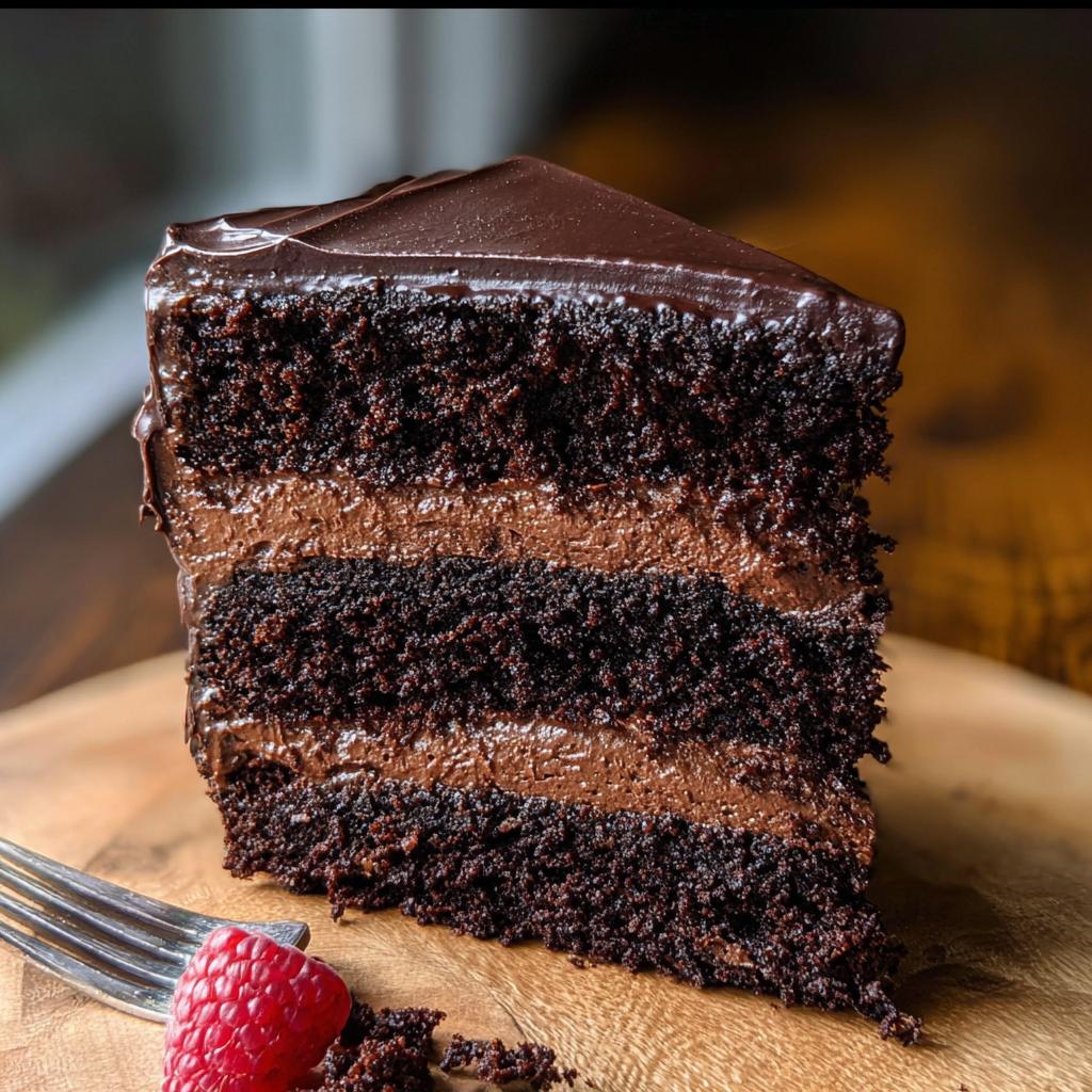 A decadent slice of Chocolate Mousse Layer Cake showing three moist dark chocolate layers and two layers of creamy chocolate mousse.