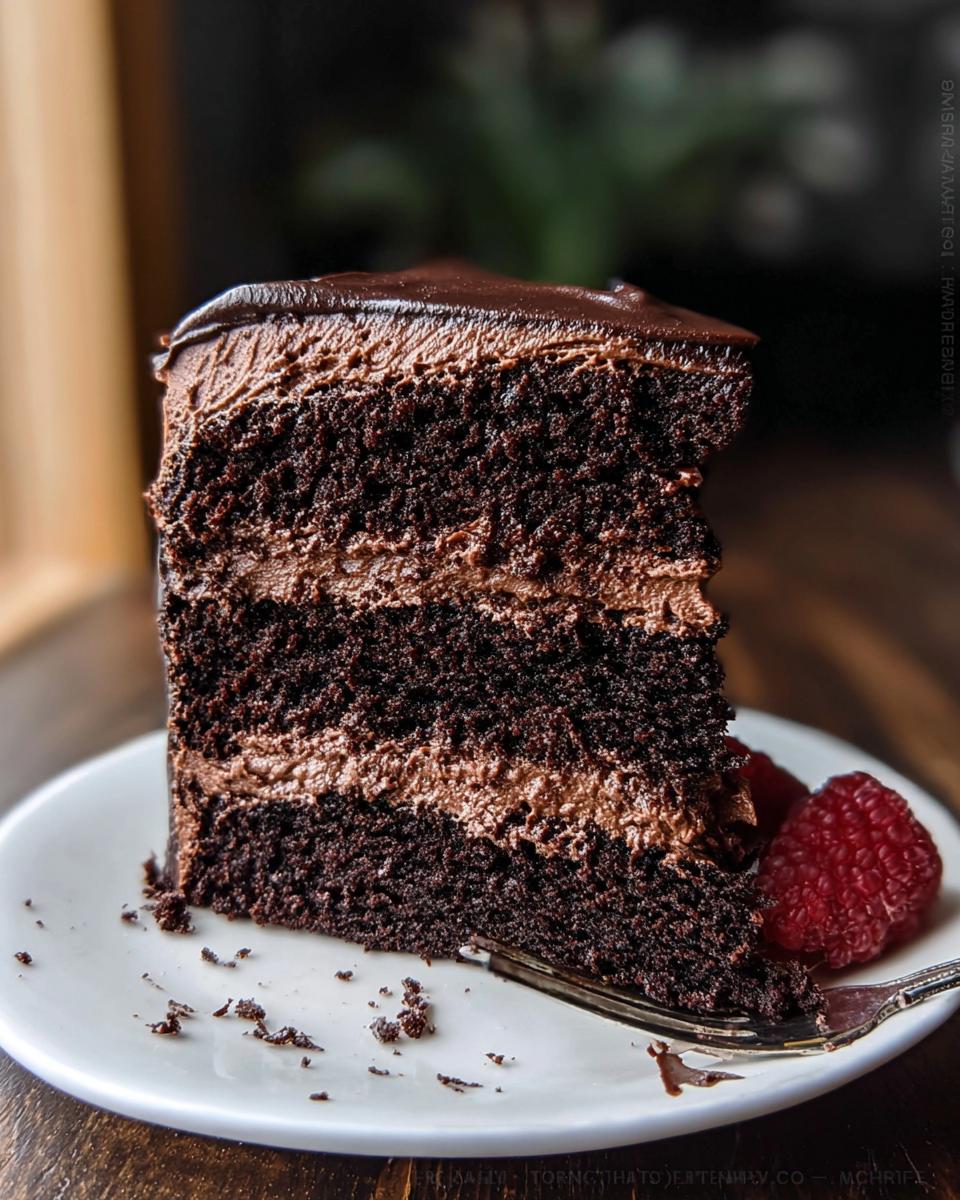 A tall slice of dark Chocolate Mousse Layer Cake with three layers of cake and two layers of mousse filling.