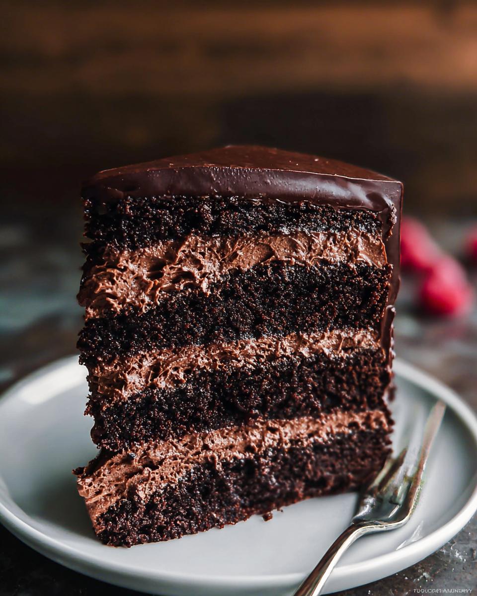 A tall slice of Chocolate Mousse Layer Cake showing three layers of dark cake and mousse filling.