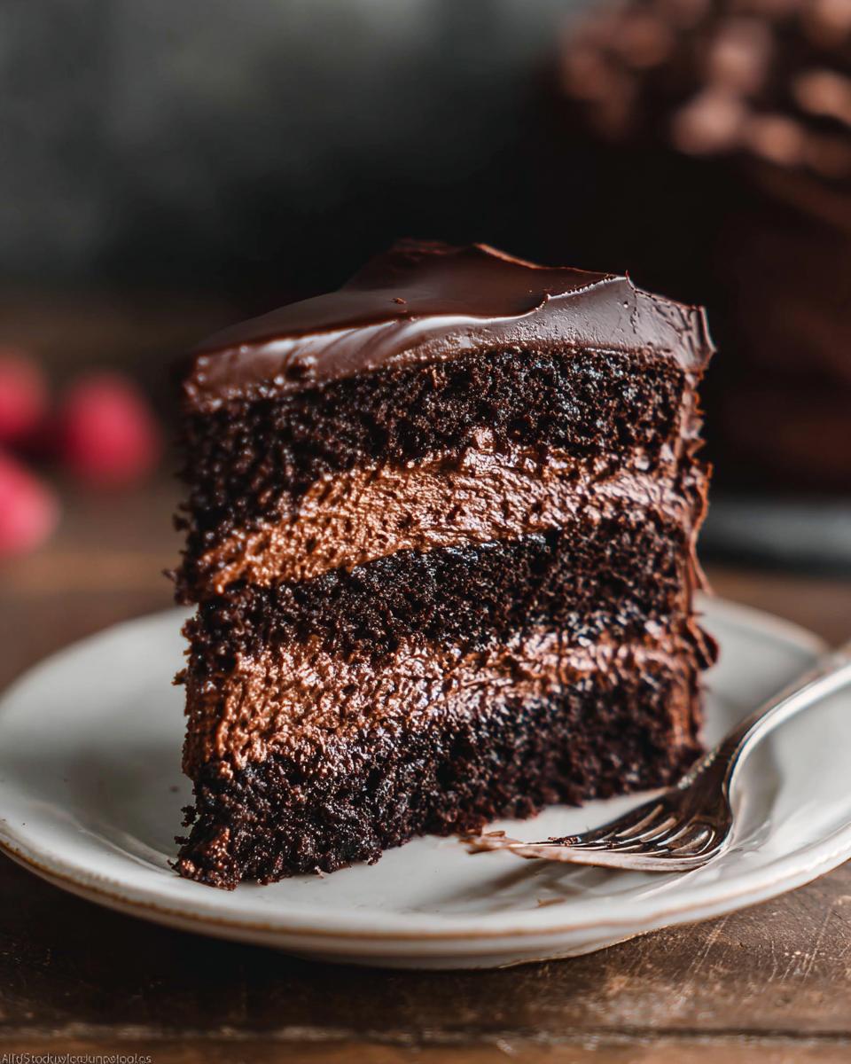 A decadent slice of Chocolate Mousse Layer Cake featuring three dark chocolate cake layers and rich mousse filling.