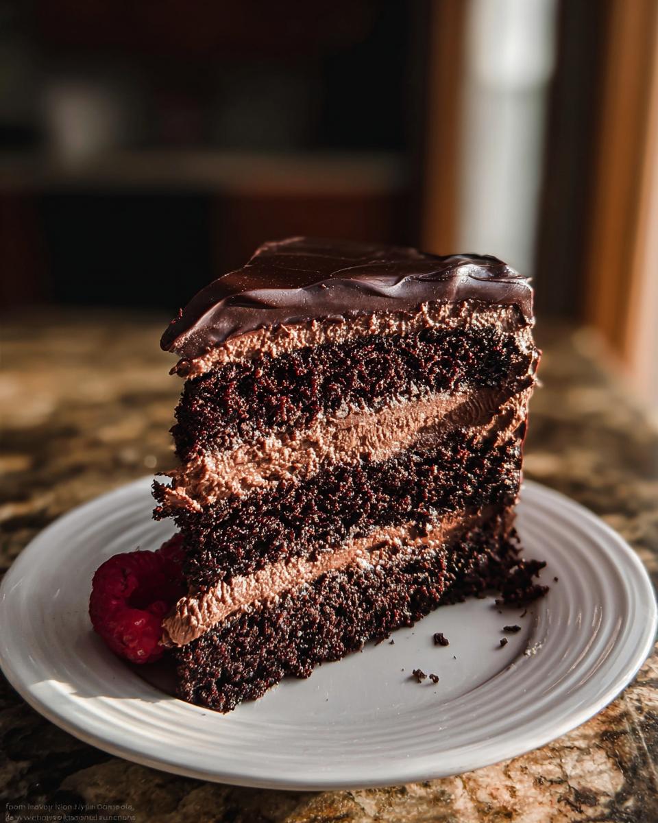 A decadent slice of Chocolate Mousse Layer Cake showing dark layers and light mousse filling, served with a fresh raspberry.