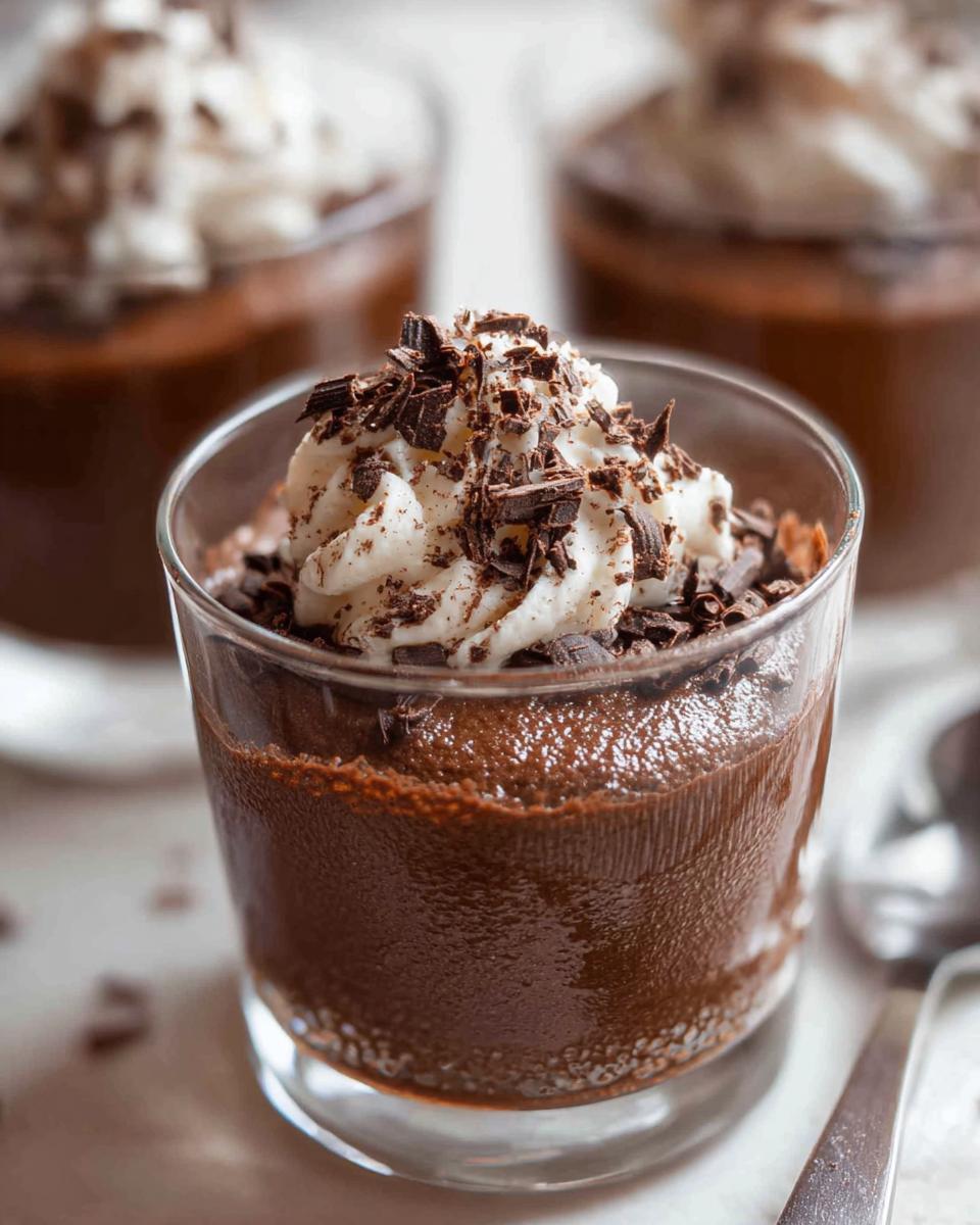 Close-up of a glass filled with rich Chocolate Mousse, topped with whipped cream and dark chocolate shavings.