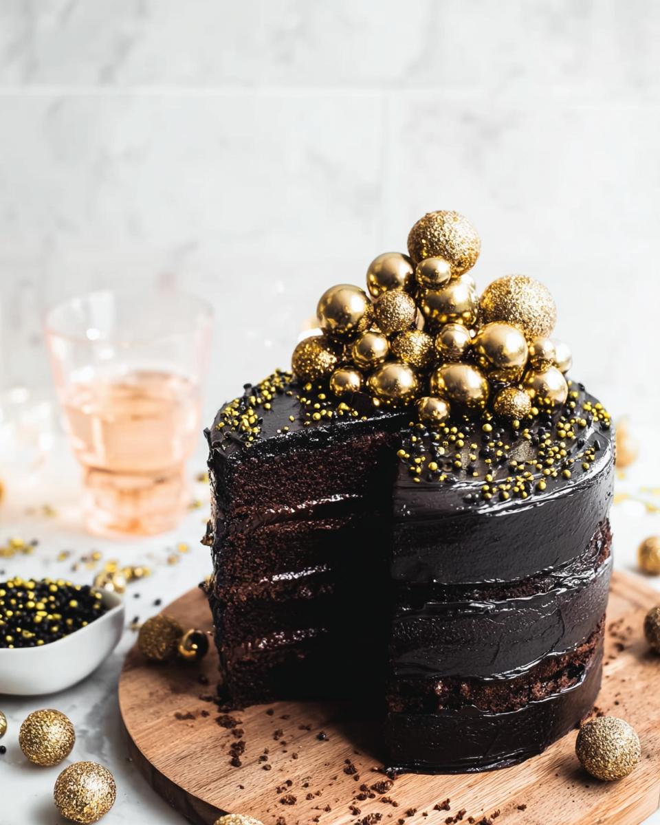 A rich, dark chocolate layer cake, missing one slice, topped with gold edible spheres for New Year’s Eve Cakes That Wow.