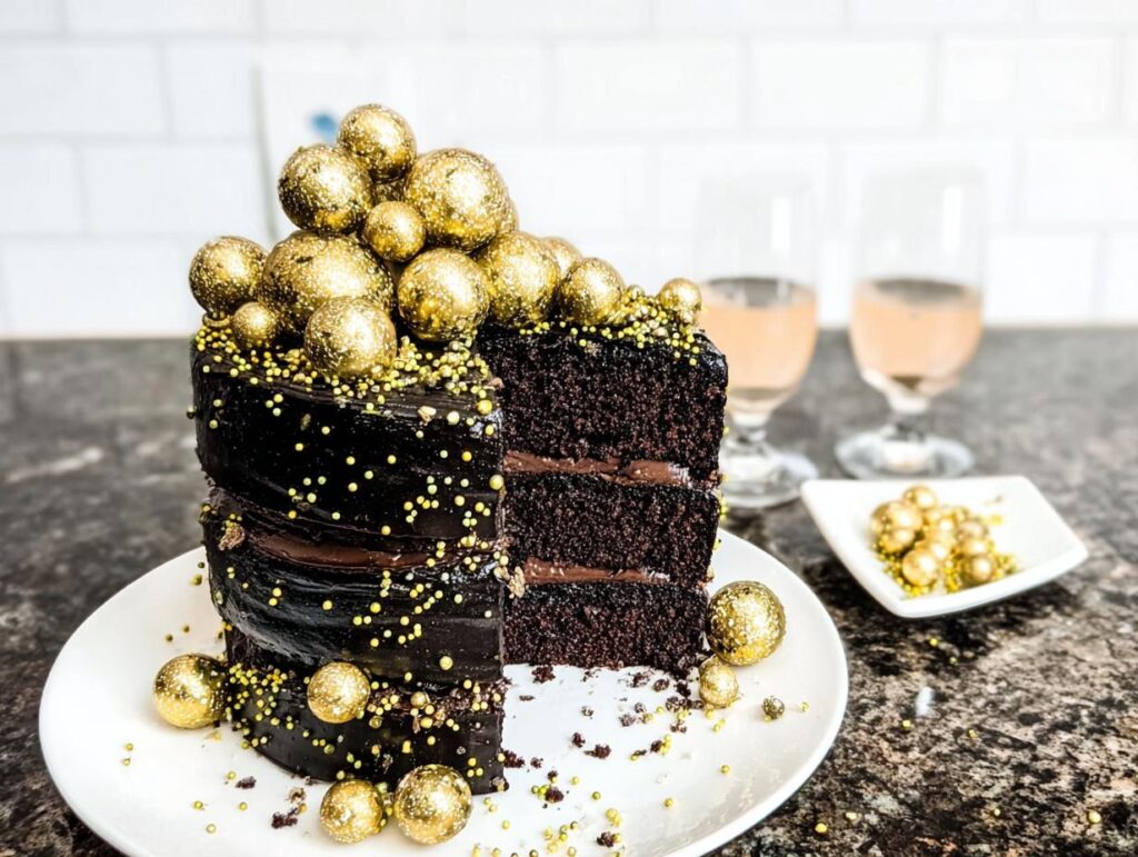 A slice cut from a rich, dark chocolate New Year’s Eve cake topped with shimmering gold edible spheres.
