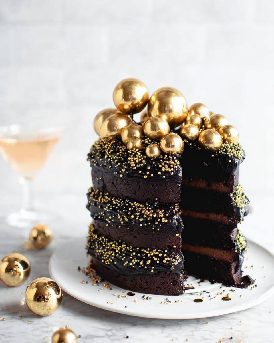A slice cut from a tall, dark chocolate New Year’s Eve cake decorated with gold spheres and sprinkles.