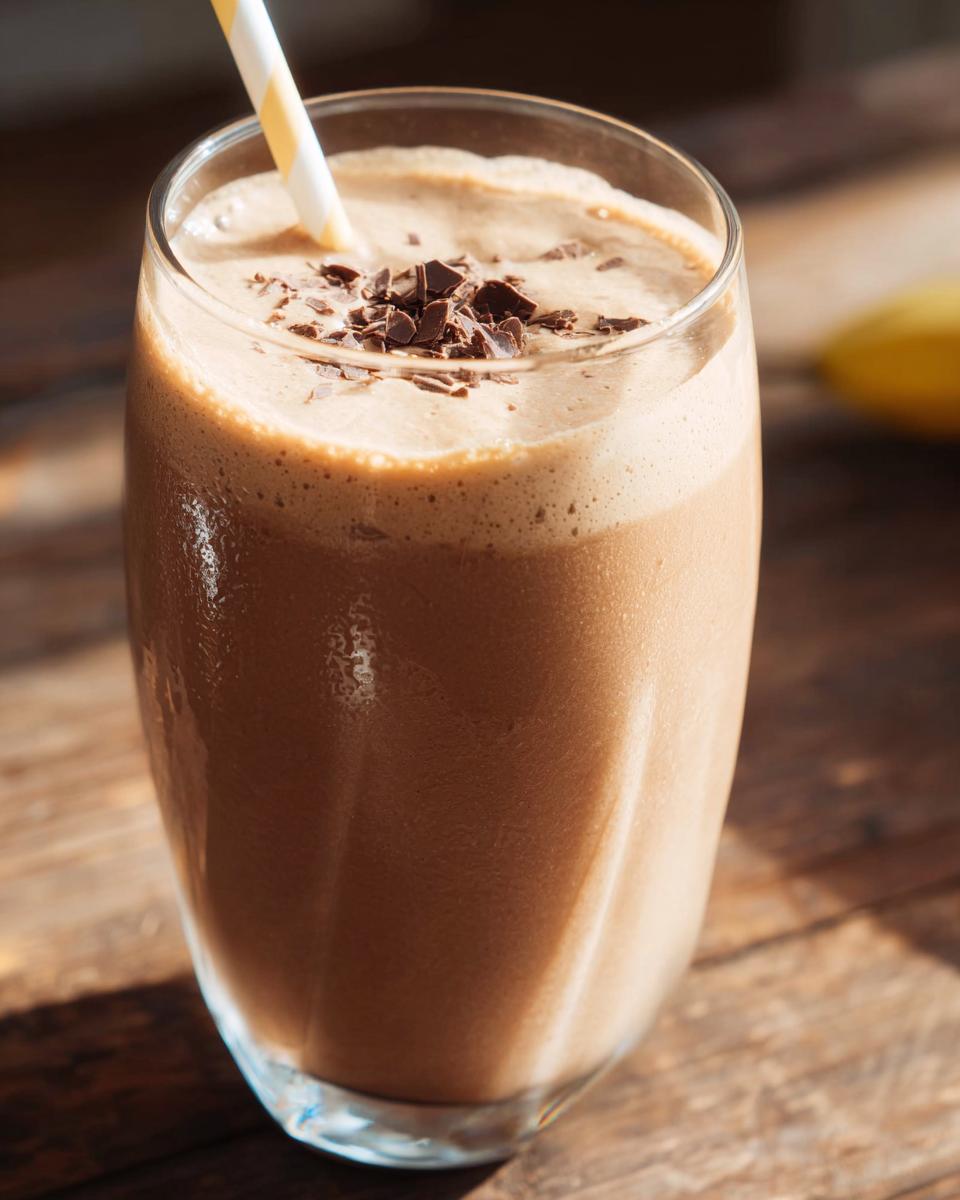 A tall glass of thick Chocolate Peanut Butter Smoothie topped with chocolate shavings and a striped straw.
